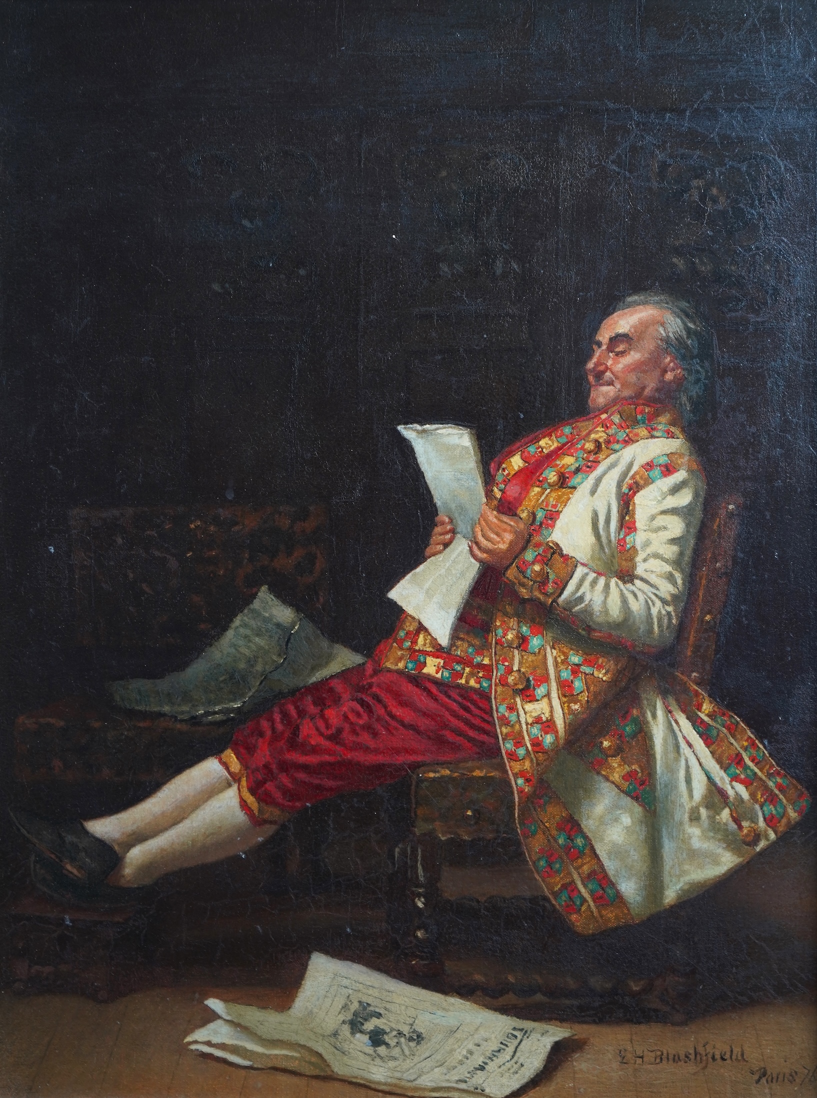 Edwin Howland Blashfield, American 1848-1936, Interior scene with gentleman reading a newspaper